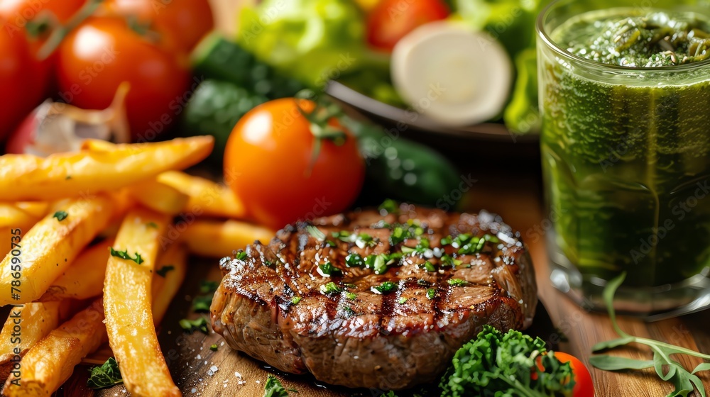A succulent grilled steak paired with golden fries, complemented by a selection of fresh vegetables and a healthy glass of green juice. - obrazy, fototapety, plakaty 