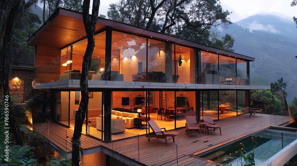 A modern architectural design emphasizing simplicity, with large glass windows framing breathtaking mountain views and a wooden deck extending into a tranquil forestadd - obrazy, fototapety, plakaty 