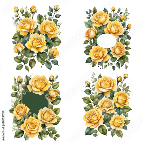 set of  watercolor frames of yellow roses  on white background  clipart  isolated  template for greeting  gift card