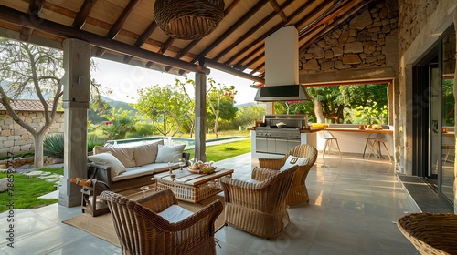 Cozy covered sitting area with wicker chairs and barbecue