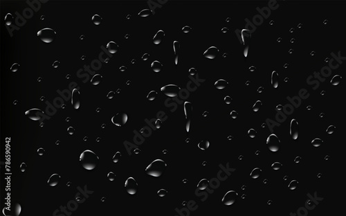Rain transparent drops flow down the glass.Realistic wet condensation texture.Fresh water splash effect on the surface.Liquid spreading droplet shapes.