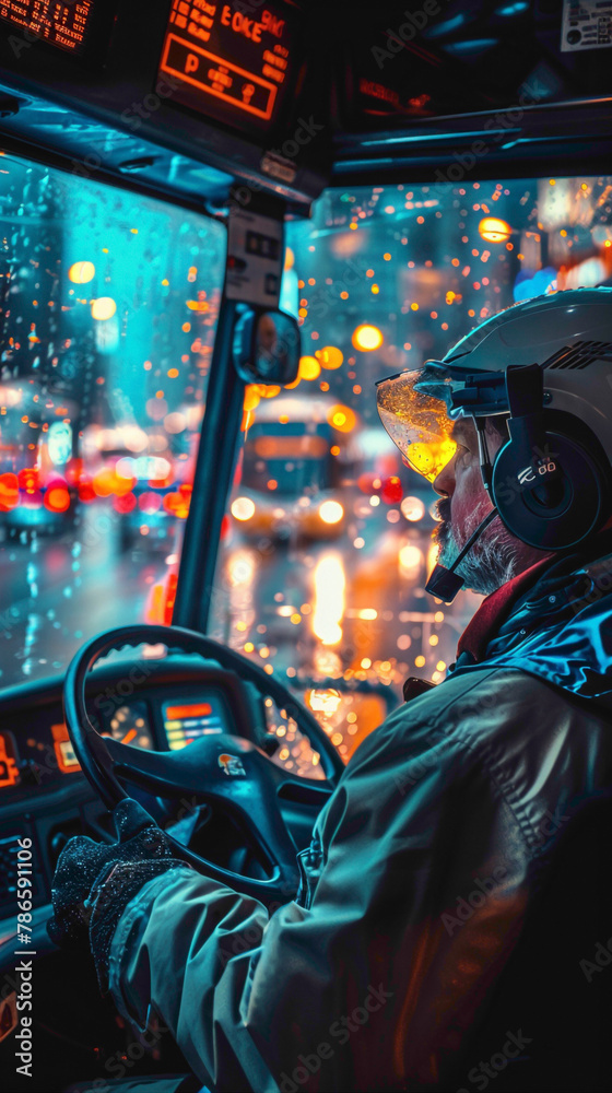 A Bus Driver Driving buses, hyperrealistic Transportation photography