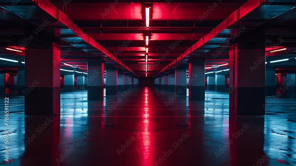 Dark underground car parking deck with neon red light