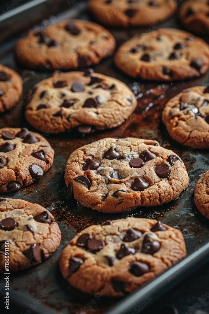 A tray of chocolate chip cookies on a table, perfect for food blogs or baking websites A tray of chocolate chip cookies on a table, perfect for food blogs or baking websites