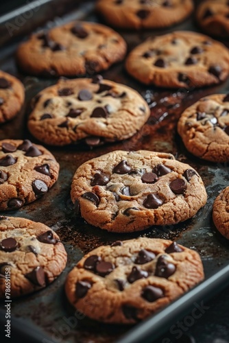 A tray of chocolate chip cookies on a table, perfect for food blogs or baking websites © Fotograf