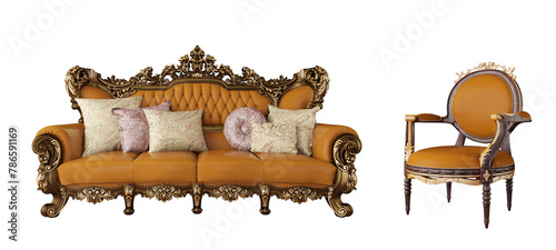 Classic sofa and armchair with gold molding isolated PNG