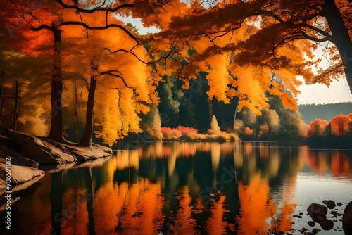 A tranquil lake surrounded by trees ablaze with the warm hues of fall foliage. photo