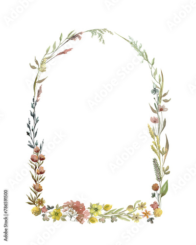 Wildflowers arch watercolor wreath isolated illustration with thin spikelets and twigs. Hand painted meadow wild flower floral frame with white and beige background for invitation and card template.