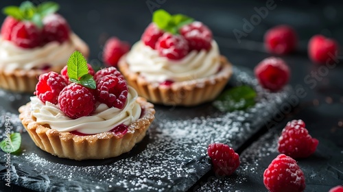 Delicious raspberry mini tarts tartlets with whipped cream on dark background