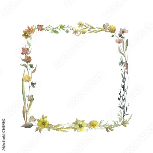 Wildflowers square watercolor wreath isolated illustration with thin spikelets and twigs. Hand painted meadow wild flower floral frame with white and beige background for invitation and card template.