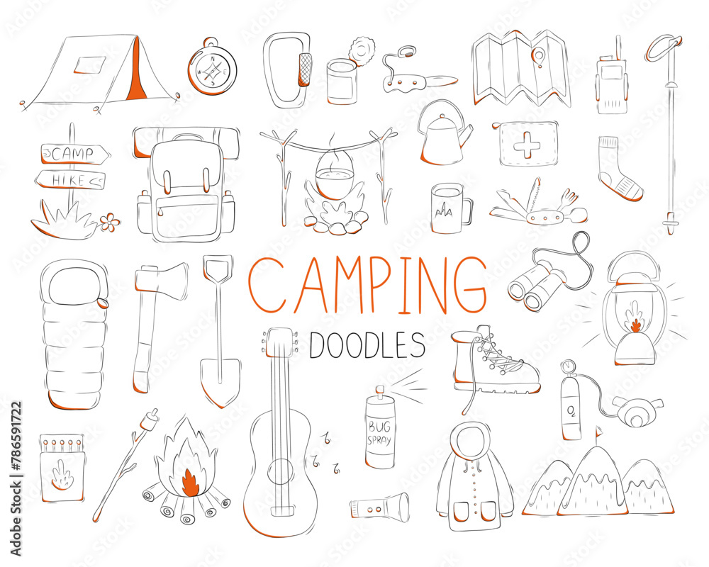 Set of doodles of camping and trekking and hiking. Vector illustration. Set of doodles of camping and trekking and hiking. Vector illustration.