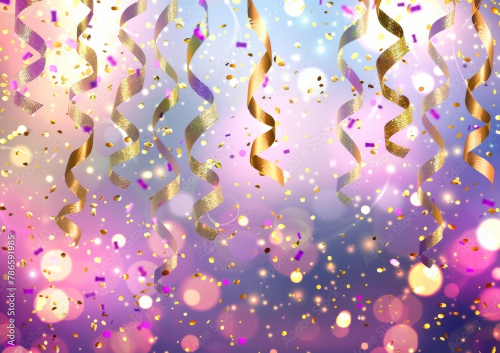 New Year's Eve party background with golden confetti and ribbons, glowing lights blurred light effects, festive atmosphere, soft pastel colors Generative AI