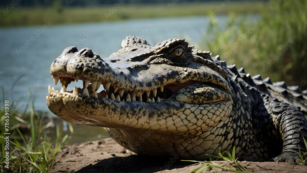 Fototapeta premium Apex Predator Revealed: Full-Body Portrait of a Crocodile in its Natural Habitat (8K Photo)