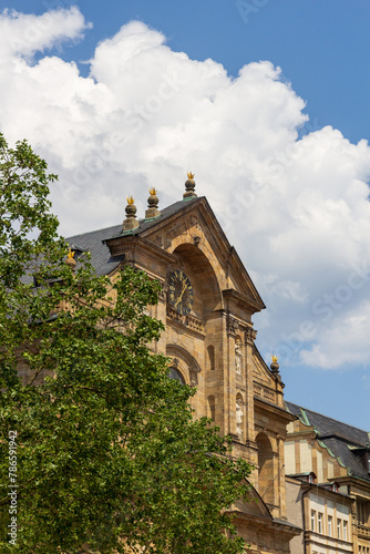 St. Martin church facade with clock in Bamberg, Upper Franconia, Bavaria, Germany