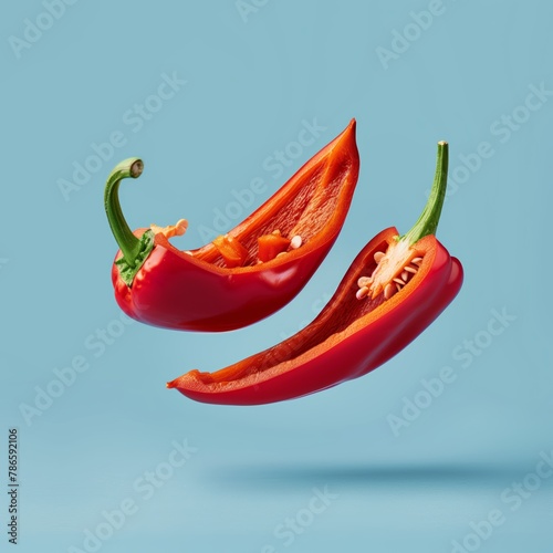 Two red chile de rbol peppers flying on blue background photo