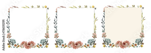 Wildflowers square watercolor frame isolated illustration with thin spikelets and twigs. Hand painted meadow wild flower floral wreath with white and beige background for invitation and card template.