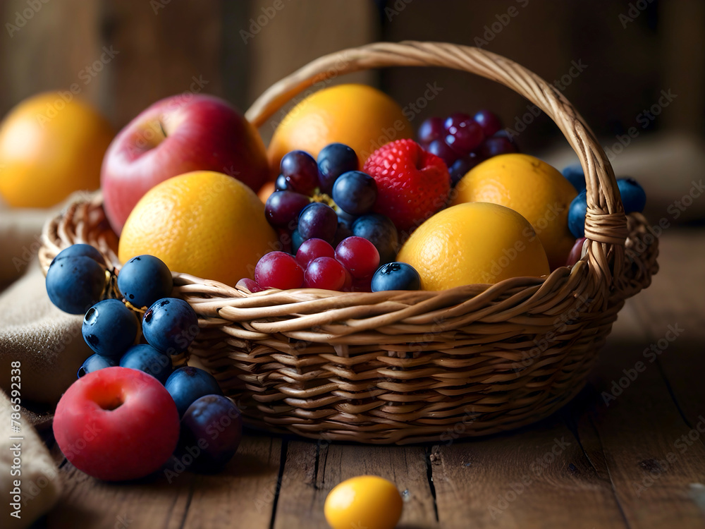 Bright basket with fruits on a rustic background on a wooden table Bright basket with fruits on a rustic background on a wooden table