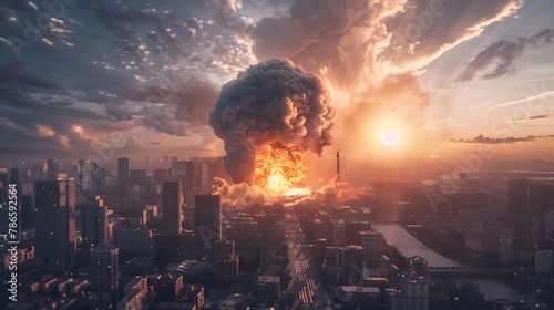 explosion nuclear bomb in a city. futuristic background