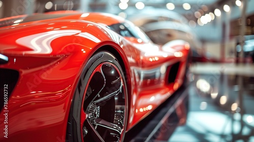 Close up detail of rear wheel of modern luxury sports car with shiny red reflection. blur background.