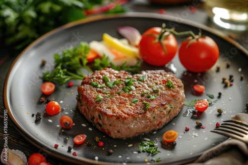 A plate with a steak and vegetables, perfect for food blogs or restaurant menus