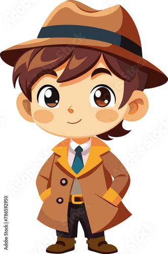 Cute little boy detective wearing coat and hat, cartoon flat character vector illustration