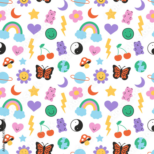 Fun retro cartoon sticker seamless pattern. Trendy 90s doodle icon background with flower, happy face and butterfly. Colorful vintage groovy art label wallpaper, cool emoticon symbol print.   © Dedraw Studio