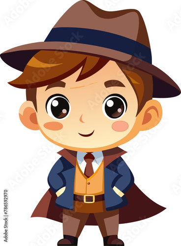 Cute little boy detective wearing coat and hat, cartoon flat character vector illustration