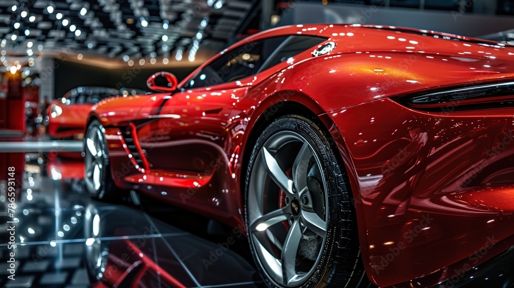 Close up view of modern luxury sports car with shiny red reflection. perfect for auto enthusiasts and adverts. - obrazy, fototapety, plakaty 