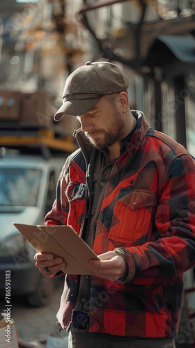 A Delivery Driver Verifying delivery instructions and obtaining signatures or proof of delivery from recipients, realistic people photography
