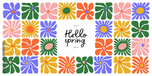 Colorful floral spring season illustration. Vintage style hippie flower greeting card design. Geometric garden poster template, holiday nature background texture with daisy flowers.