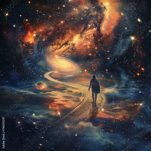 A lone cosmic voyager walks on a path leading to a swirling galaxy, surrounded by stars, planets, and a mystical fifth-dimension aura