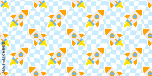 Fototapeta Naklejka Na Ścianę i Meble -  Cute rocket space ship cartoon seamless pattern. Retro checkered children background texture. Trendy wavy checker board print, travel doodle wallpaper.	
