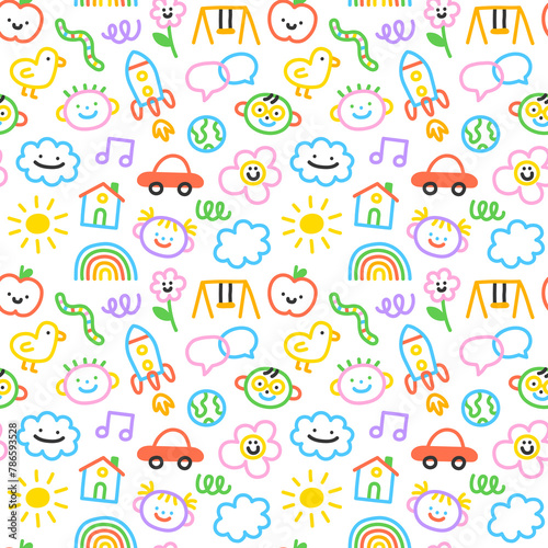 Colorful funny children doodle icon seamless pattern. Cute happy kid drawing symbol wallpaper print, diverse education conept background illustration texture.	
