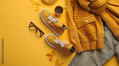 Fashionable clothing with personal accesories isolated on yellow background with clipping path