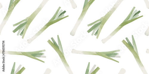 Leek watercolor seamless pattern. Natural vegetable background illustration of organic cooking ingredient for healthy nutrition concept. Fresh hand drawn onion stalk on white backdrop.