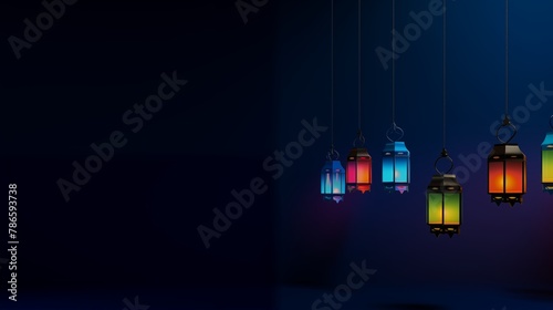 Solid indigo background with a row of colorful Eid ul-Adha lanterns