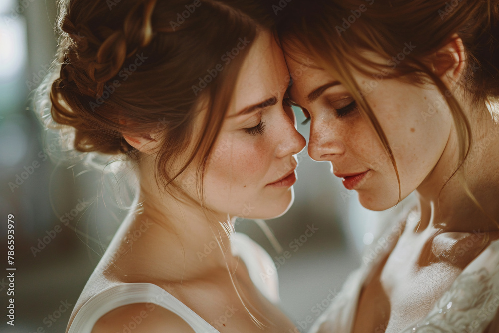 Portrait of young beautiful couple of lesbian brides in wedding dresses facing each other - obrazy, fototapety, plakaty 