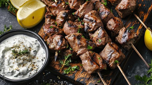 Grilled lamb skewers marinated in Greek yogurt and aromatic sauce. Restaurant dish, serving, close-up, high quality course, difficult to prepare. Culinary excellence concept. Generative by AI © Татьяна Лобачова