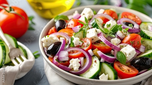 Greek salad with olives, cucumbers, tomatoes, red onions and feta cheese. Homemade dish, serving, close-up, diet food, easy to prepare. Culinary excellence, sophistication concept. Generative by AI