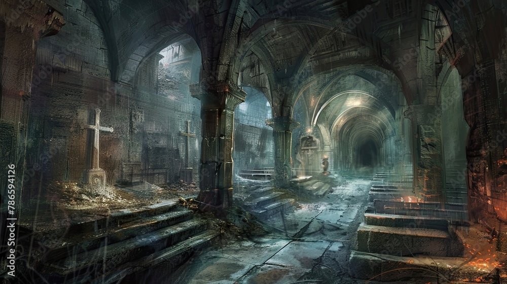 Forgotten catacombs beneath a ruined cathedral, remains of lost civilization. Mysticism, paranormal, creepy place, dust, dampness, not a soul, underground structure, fear. Generative by AI