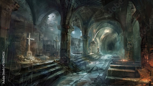 Forgotten catacombs beneath a ruined cathedral  remains of lost civilization. Mysticism  paranormal  creepy place  dust  dampness  not a soul  underground structure  fear. Generative by AI