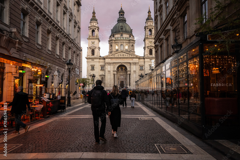 St. Stephen Basilica dome rising above old buildings in the city center of Budapest, Hungary