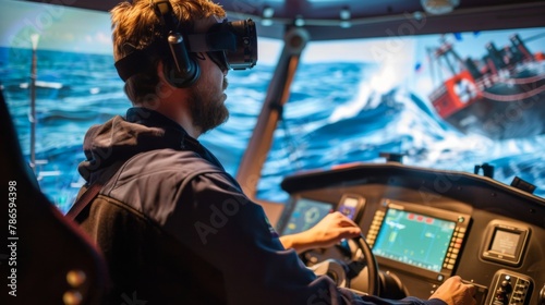 Man Experiencing Virtual Reality Ship Simulation