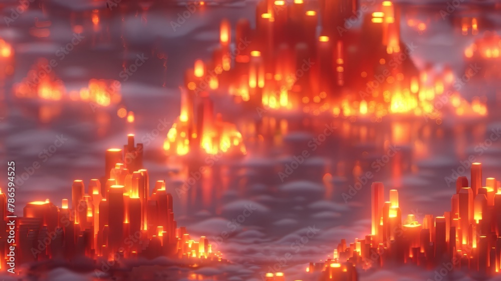   A futuristic city image, enshrouded in fog, features red and yellow light displays at its heart