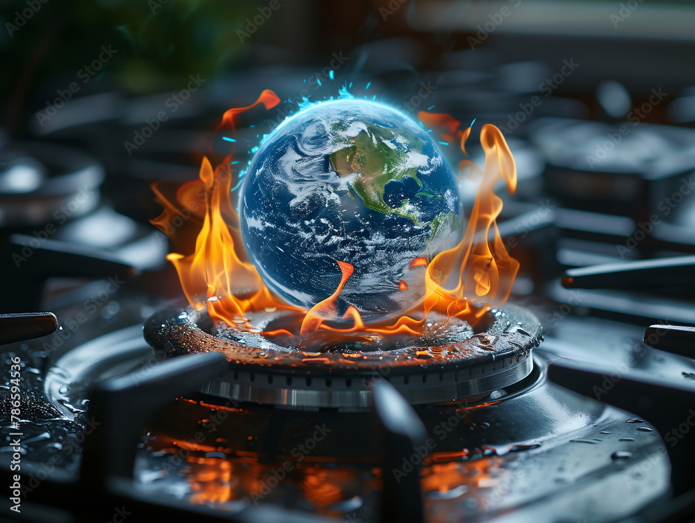 Environmental Protection; the Earth in flames over a gas stove burner, a vivid representation of global warming, heating - obrazy, fototapety, plakaty 