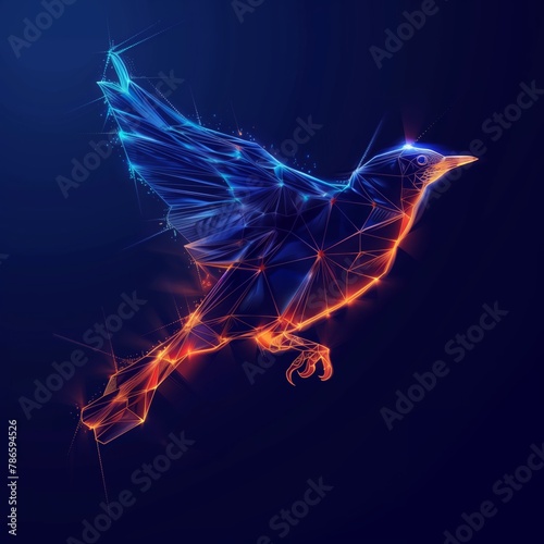 Electric blue bird made of glowing particles flying through the dark water