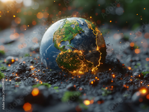 Environmental Protection, the Earth-like globe on fire, engulfed in glowing cracks and embers, global warming, global heating