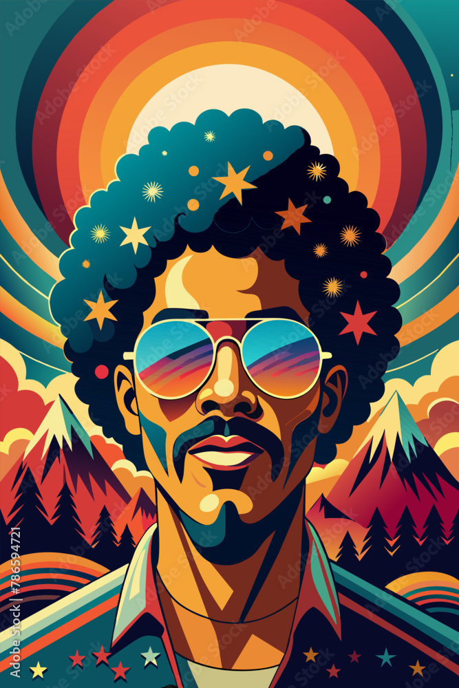 Vibrant vector illustration of a 70s style disco man with afro and sunglasses