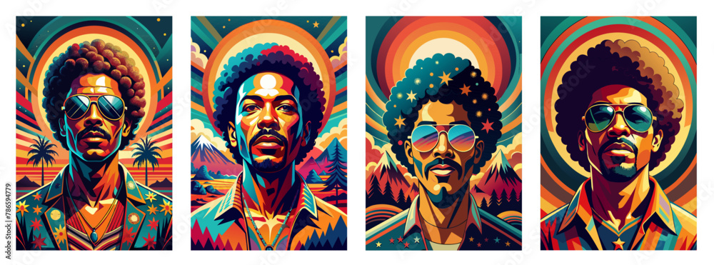 Featuring retro vintage fashion and style set. Afro hippie man in a cool pop art graphic design. Vibrant artwork of a 70s hippie with an afro, sunglasses, and disco elements