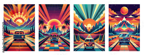 Symbol hippie on psychedelic background set. Retro psychedelic poster in flat style 70s. Good vibes. Stay groovy. Colorful illustration of vintage van on disco-style background with a vibrant sunset